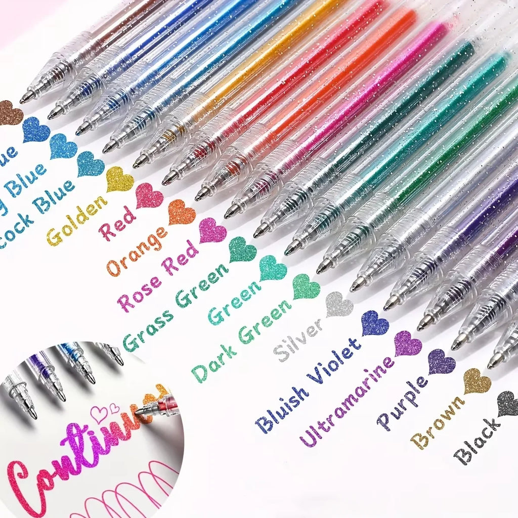 Set of 12 or 24 Glitter Pens, Liquid Sand Pens, Shimmer Gel Pens, and Aurora Glitter Pens—perfect for journaling and drawing