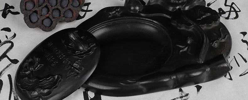 Carving Ink Stone Lotus Shaped Natural Calligraphy Rock Grinding Inkstone Plate Chinese Painting Calligraphie Strong Ink Inkslab