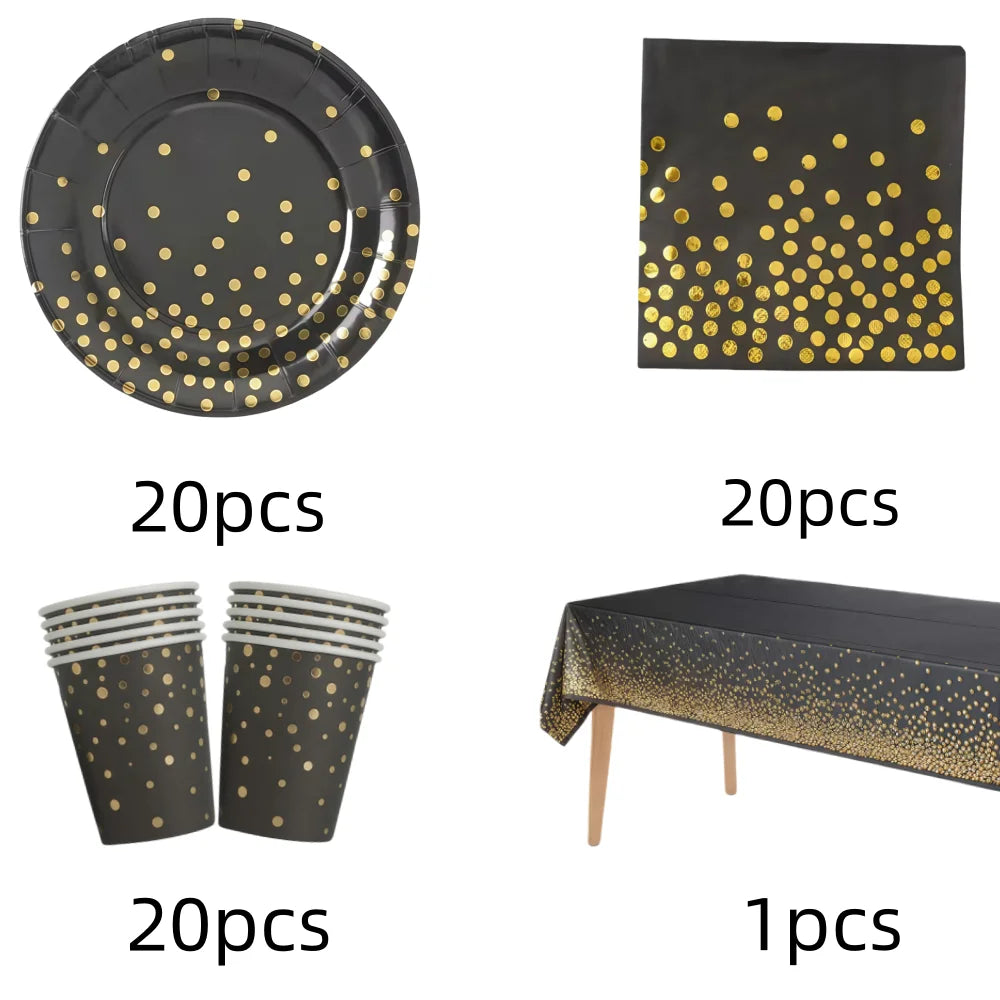 Black Gold Birthday Party Decorations Tableware Paper Plates Cups Napkin Tablecloth for Adult Kids Happy Birthday Party Supplies