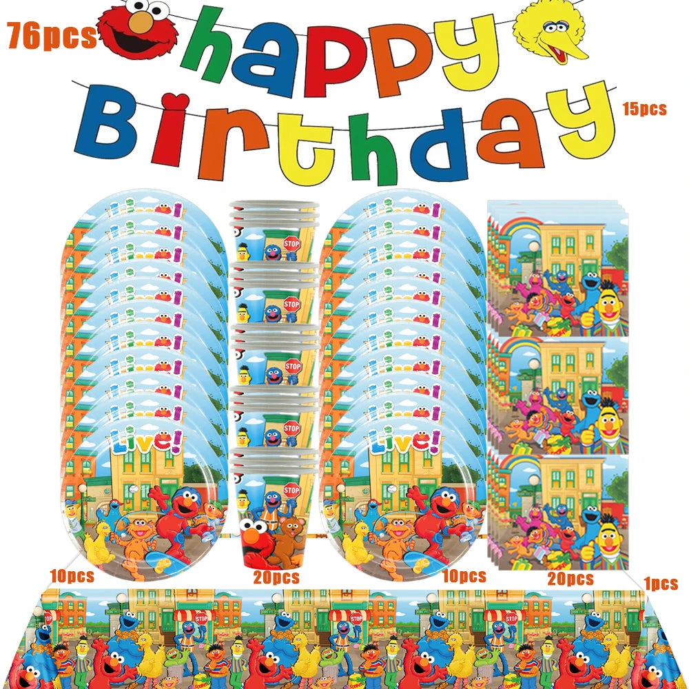 Cartoon SEsame-Streets Birthday Party Set Supplies Kids Disposable Tableware Balloon Cake Topper Banner Plates Decoration
