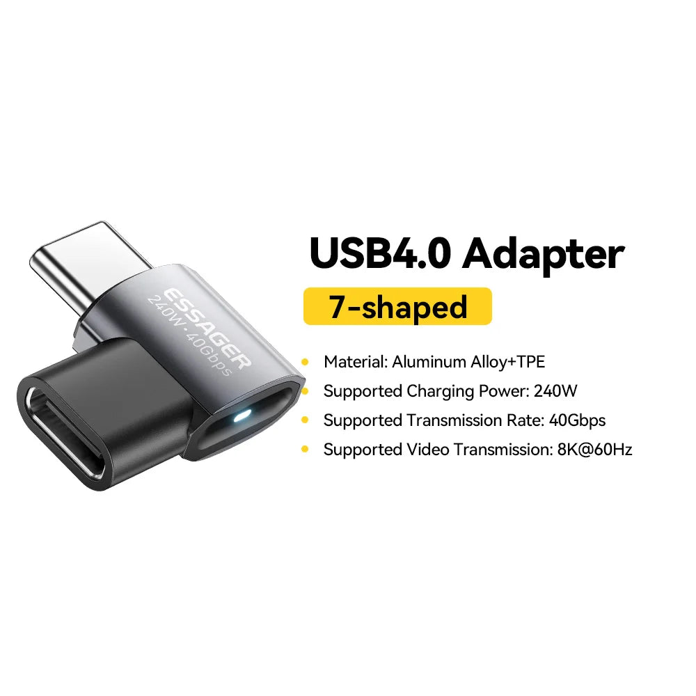 Essager USB4.0 40Gbps OTG Converter 240W Power Delivery Right Angle USB C Data Transfer Adapter For Phone Macbook Tablet 8K60Hz