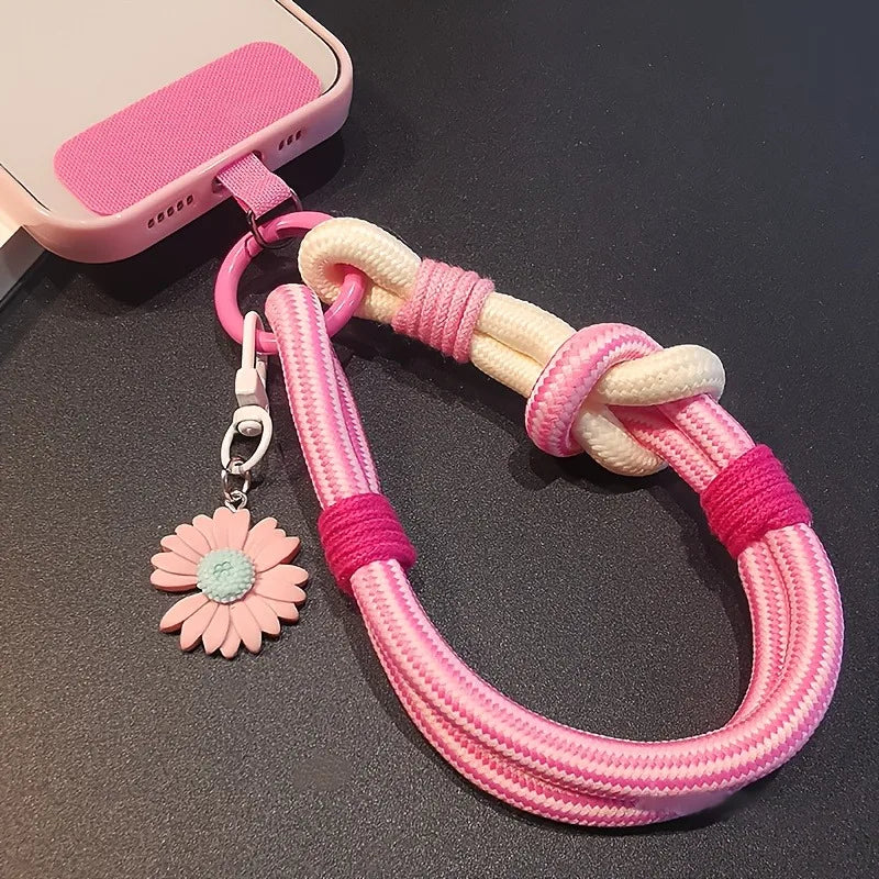 Cute 3D Flowers Adjustable Phone Lanyard Wrist Strap 2-in-1 Short Hand Rope Woven Stylish Mobile Accessory for Men and Women
