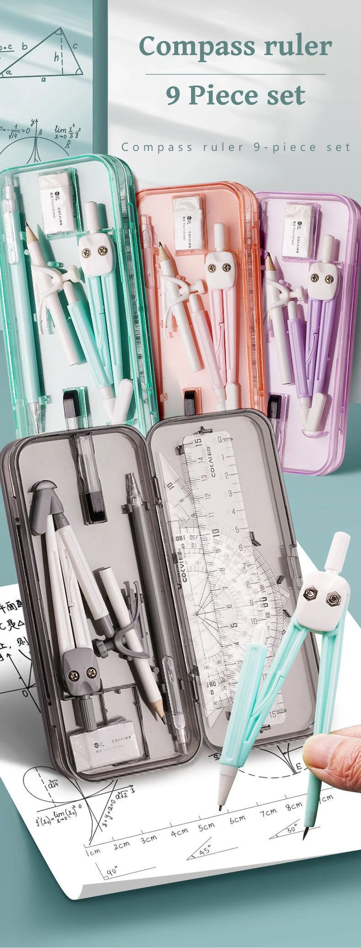 Kawaii 9pcs Ruler Set for Exams Geometry Compass Straight Edge & Protractor Portable Math Drawing Tools Stationery Supplies