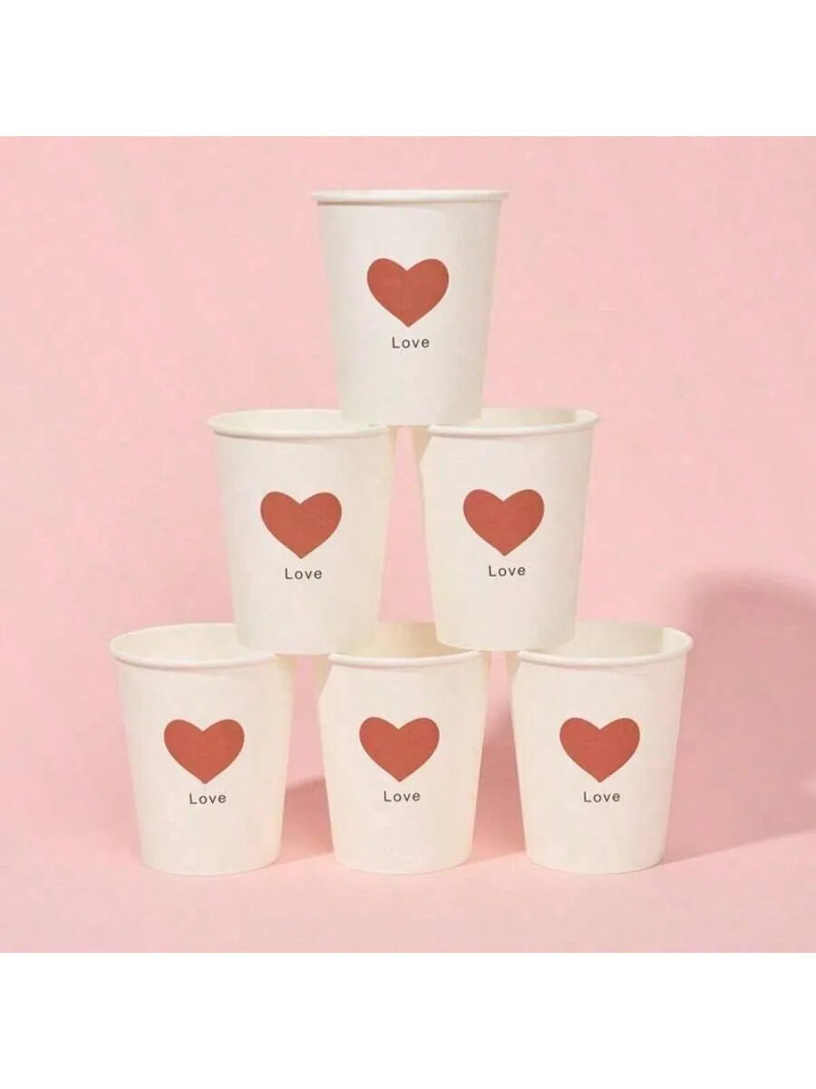 50 Simple Love Pattern Paper Cups, Thickened Office Home Commercial Beverage, Anti-Slip Leak-Proof 250ML Disposable Paper Cups