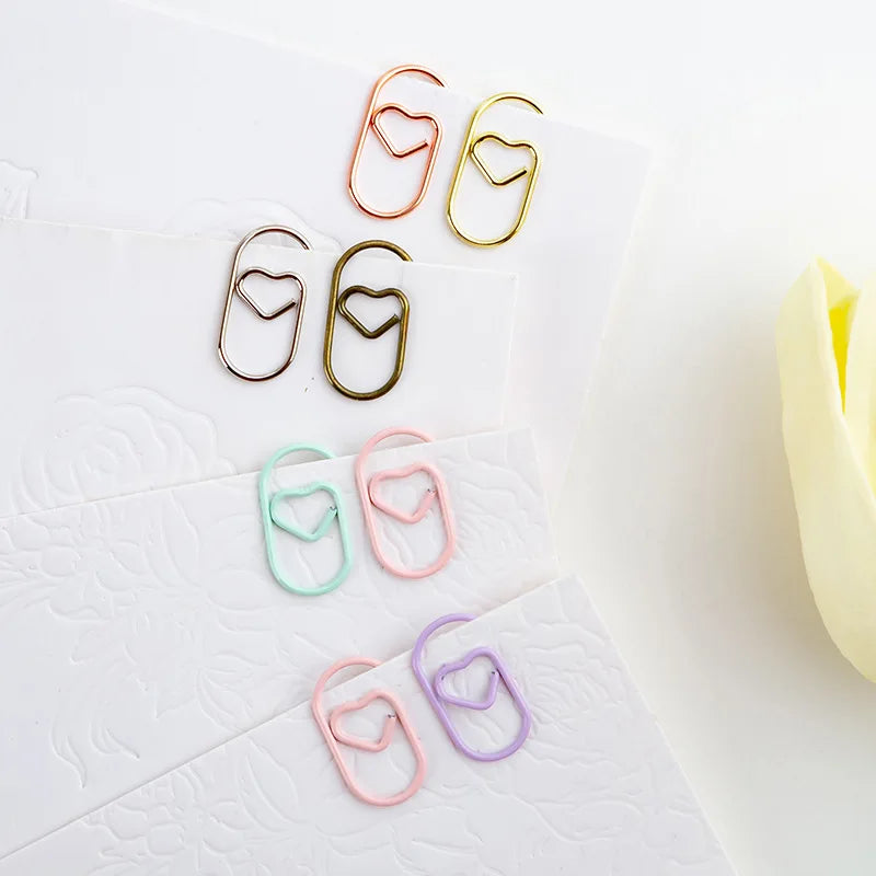 50pcs Metal Macaron Love Heart Paper Clips Gold Rose Gold Mini Bookmark Ticket Photo Binder Clips Patchwork Clip Office Supplies