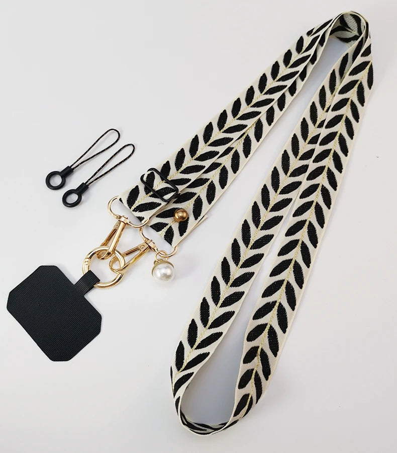 Adjustable Crossbody Long Mobile Phone Lanyard Wide Cloth Neckband Strap Rope Women's Pearl Hanging Ornaments Anti-Lost Lanyard