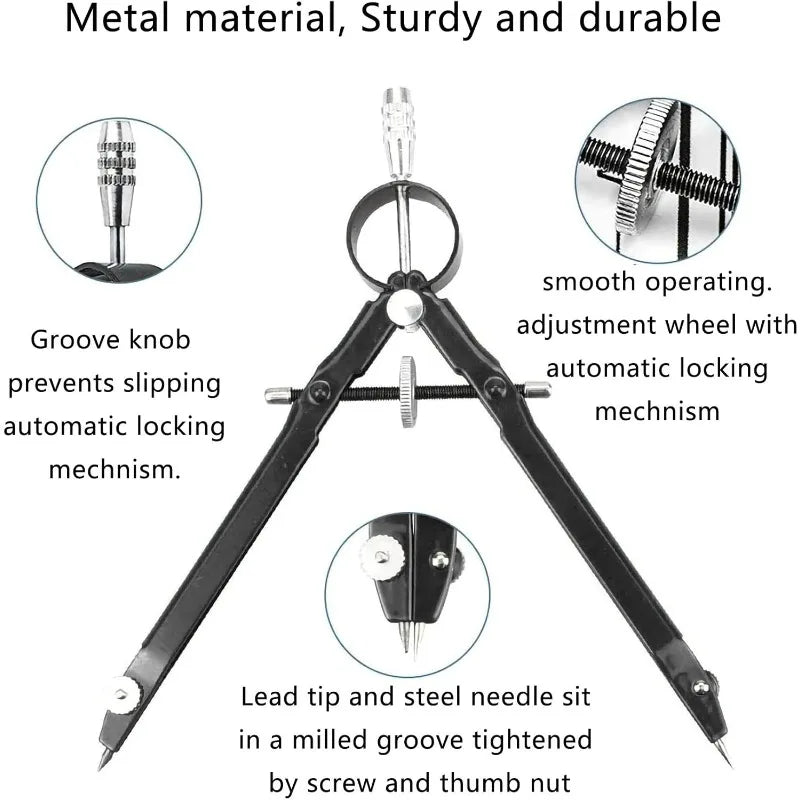 Math and Precision Compass Professional Geometry Set with Lock Metal and Durable Technical Drawing Accessories