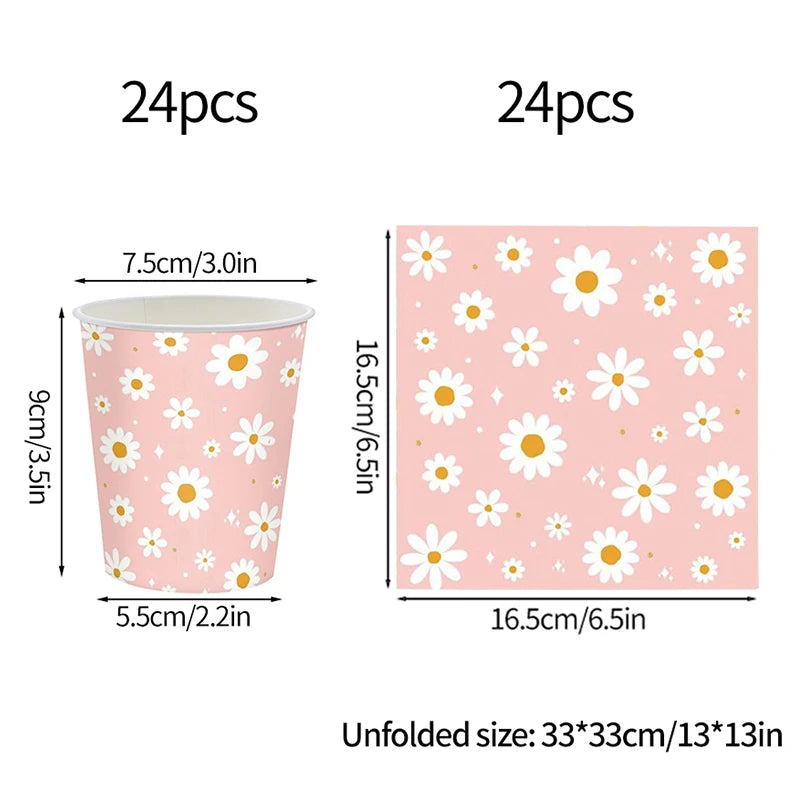 24pcs 7/9inch Pink Daisy Theme Disposable Tableware Flower Plate Napkin Banner Birthday Party Baby Shower Wedding Decor