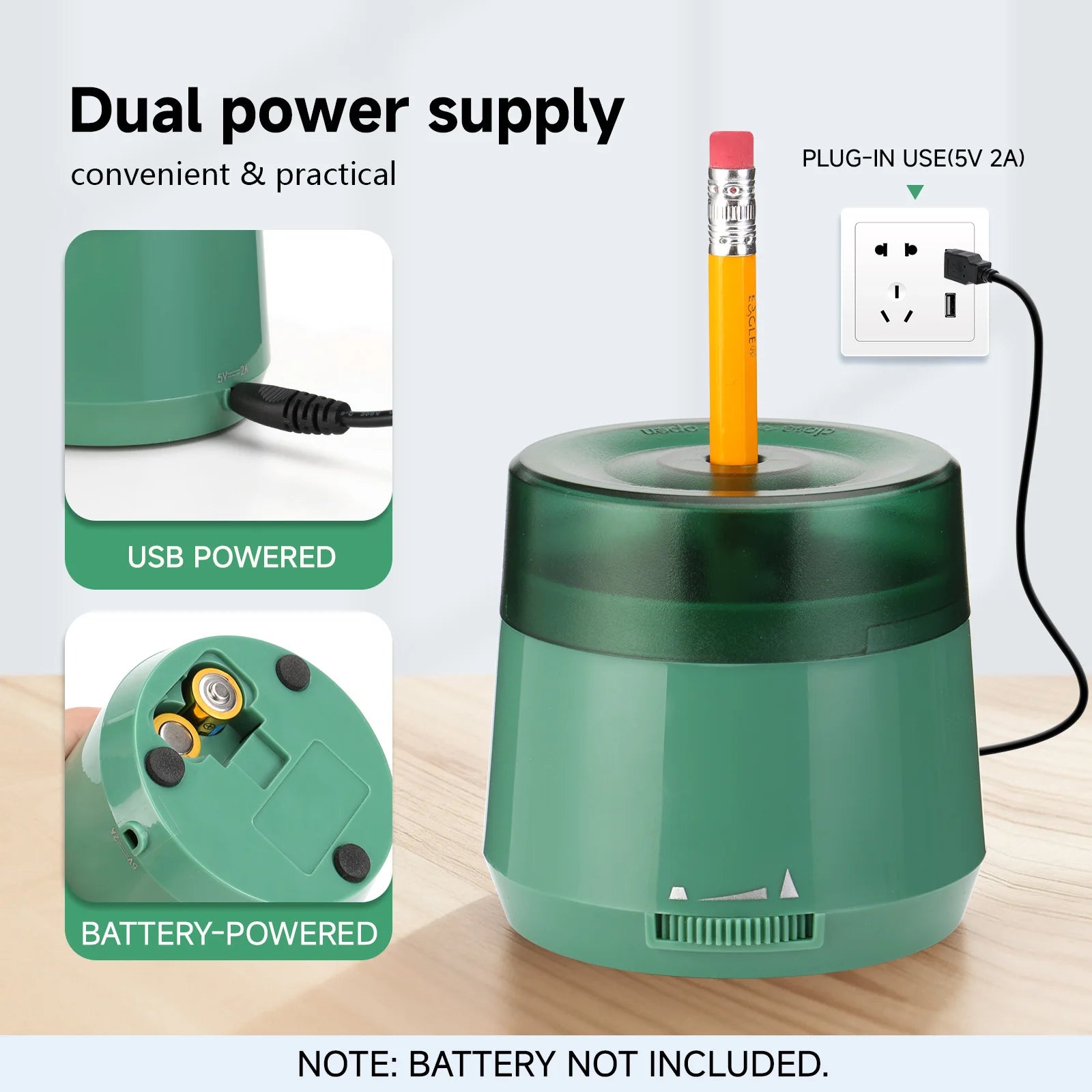 EAGLE Electric Pencil Sharpener USB/Battery Powered, 3s Fast Sharpener for 6-8mm Pencils 2 Point Options for School Home Office