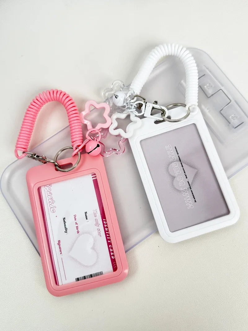 Cute Simple Protective Card Holder with Keychain Colorful Star Retractable Spring Lanyard ID Card Photo Postcard Holder Charms