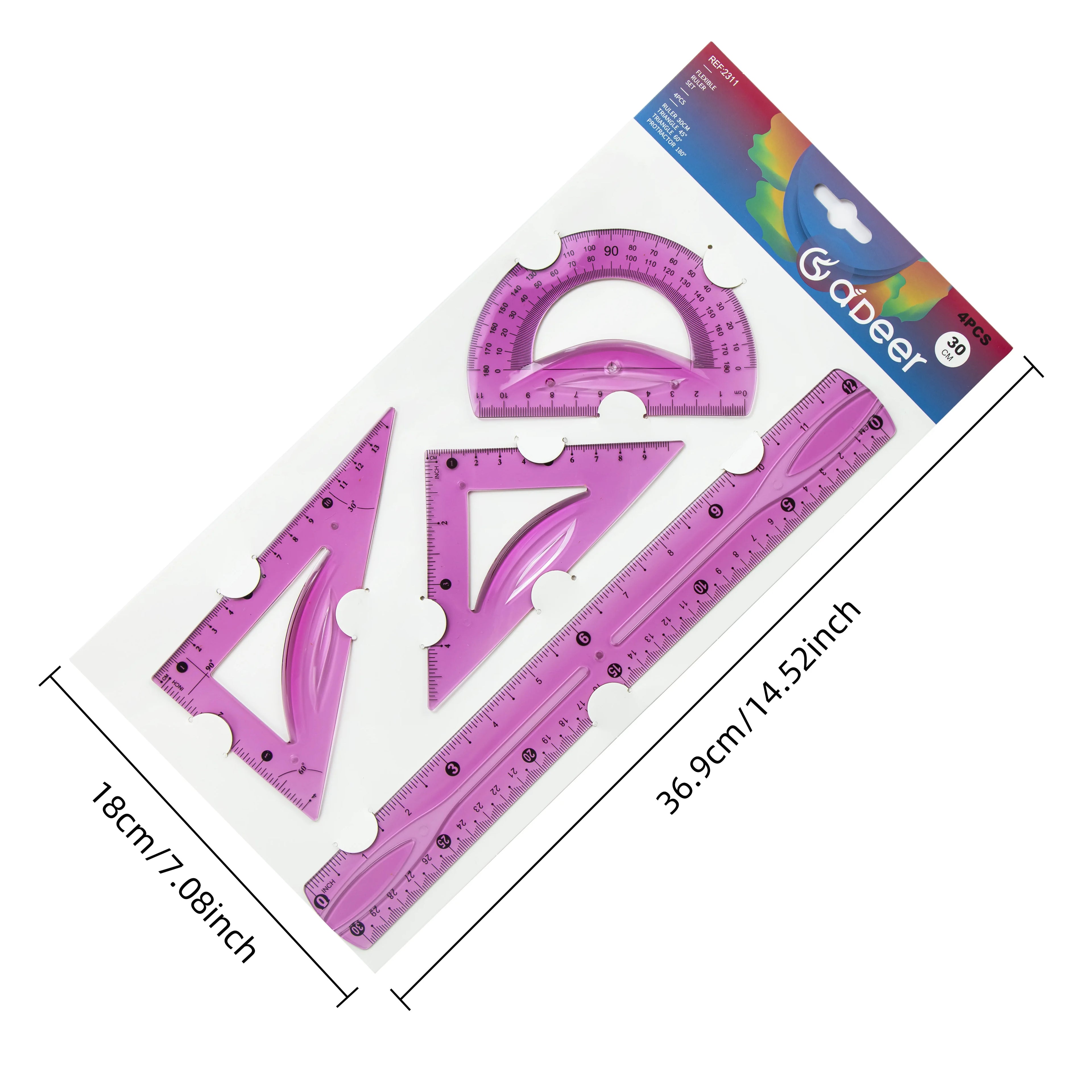 30cm Transparent Soft Ruler Set - 4 Pieces, Multi-Color with Triangle and Protractor, Ideal for Measuring and Drawing
