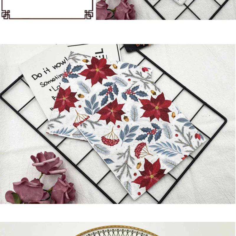 20pcs/Pac Colourful Printed Napkins 2 Ply Featured Christmas Flower Paper Napkins Wood Pulp Paper Party Disposable Placemats