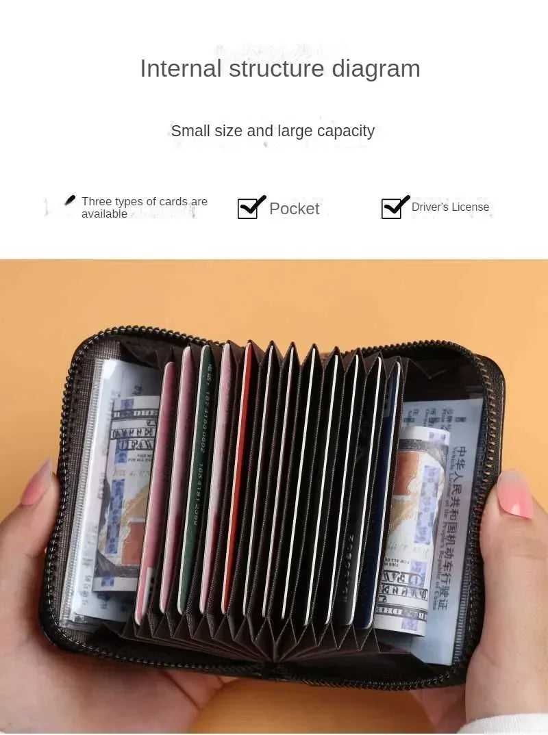 Multi Slot Card Holder Vintage Small Wallet Women Men Business Bank Credit Card Bag Male Coin Pouch Solid Leather Zipper Wallet