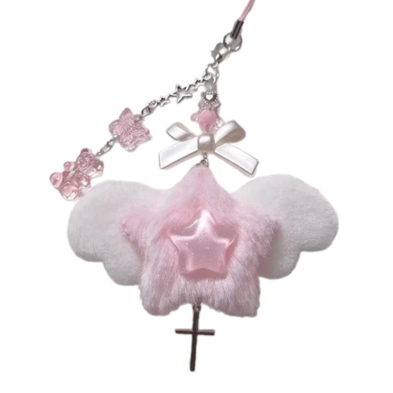 Sweet Bowknot Pendant Phone Chain Rope Wing Keychain Handmade Cellphone Strap Lanyard Acrylic Keyring Bag Ornament