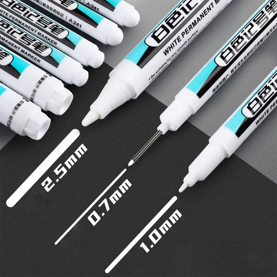 0.7/1.0/1.5/3.0mm White Marker Pens Oily Waterproof Permanent Paint Markers For Wood Plastic Leather Glass Stone Metal Supplies