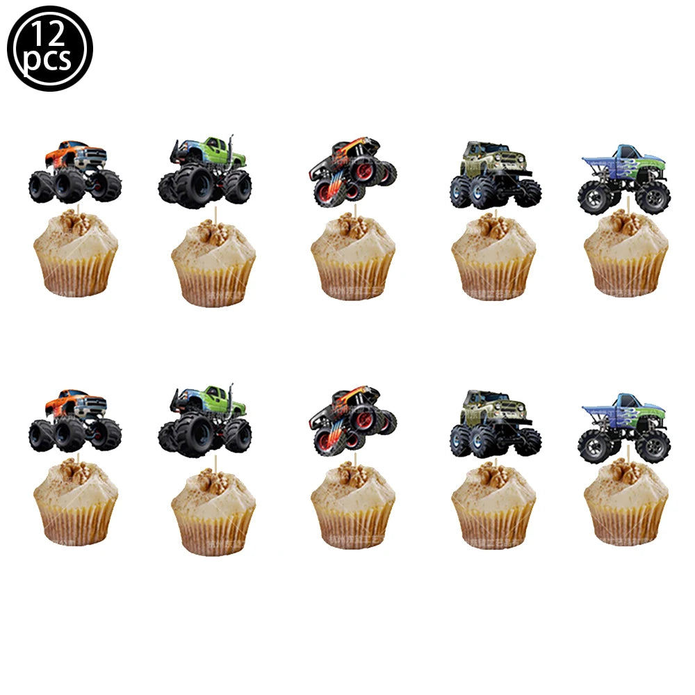 Monster Truck Party Supplies Disposable Tableware Plates Napkin Banner Tablecloth for Kids Boys 2nd Birthday Party Decorations