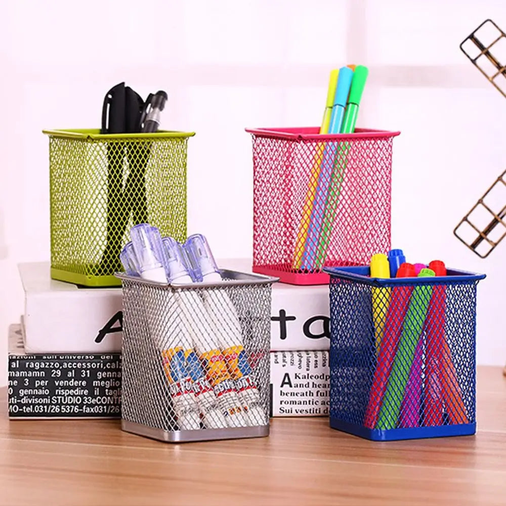 Multifunction Round/Square Mesh Pen Pot Multicolor Pen Holder Desk Tidy Stationery Organiser Pencil Storage Stationery Organiser