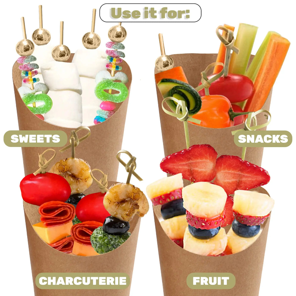 Individual Disposable Charcuterie Cups with Sticks Portable Bags Cocktail Skewers 16oz Brown Paper Appetizer Cups for French Fry