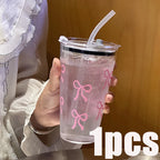1/2/3pcs 450ml Pink Bow Plastic Cup With Straw And Lid Transparent Milk Coffee Drink Mug Household Travel Ins Water Drinking Cup