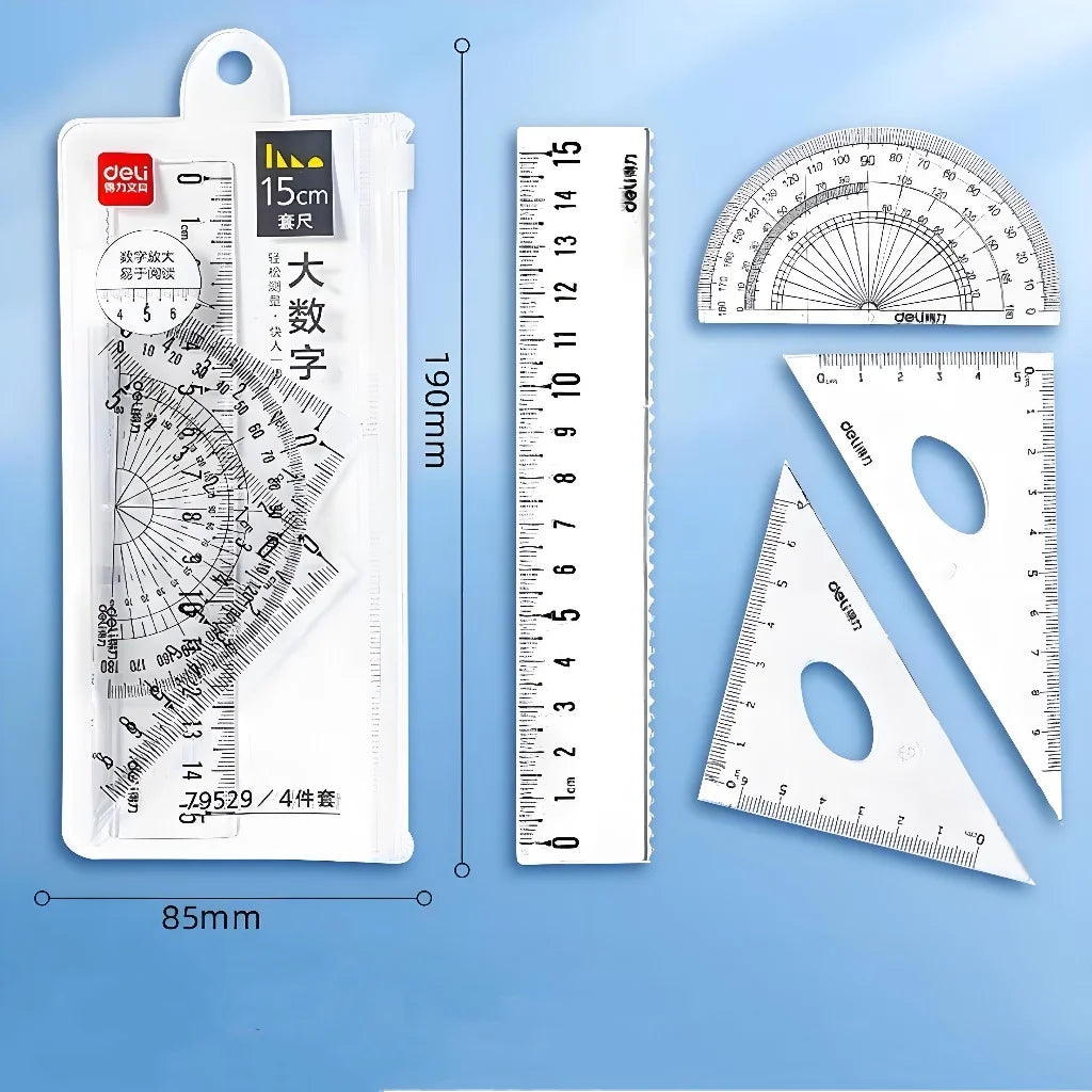 DELI Transparent Geometry Set 4 PCS Math Drawing Tools with Ruler Protractor Triangle Easy Read Measurement for Students School