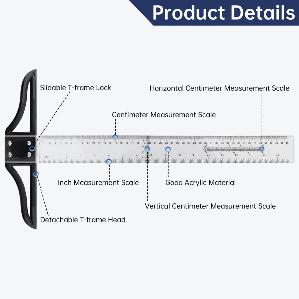 Metric & Imperial Scales Aluminum Alloy Angle Triangle Ruler 45cm T Square Acrylic Ruler Measuring Tool Set for Carpentry