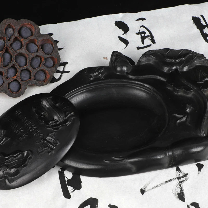 Carving Ink Stone Lotus Shaped Natural Calligraphy Rock Grinding Inkstone Plate Chinese Painting Calligraphie Strong Ink Inkslab