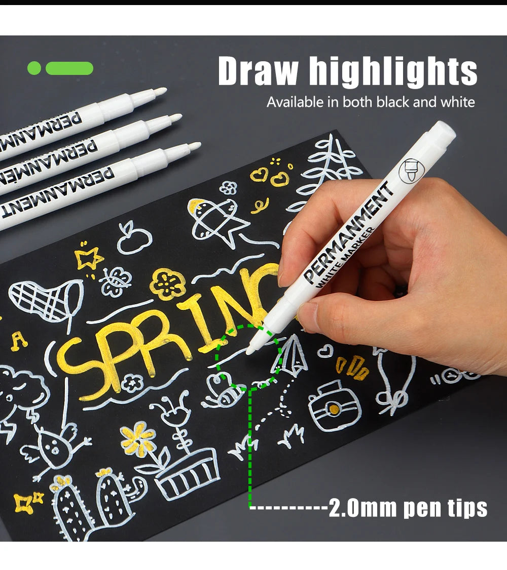 3/6/12 Pcs Waterproof Marker Pen White Black Inks  2mm Tip For Rock Painting Stone Ceramic Glass Wood Tire Fabric Metal Canvas