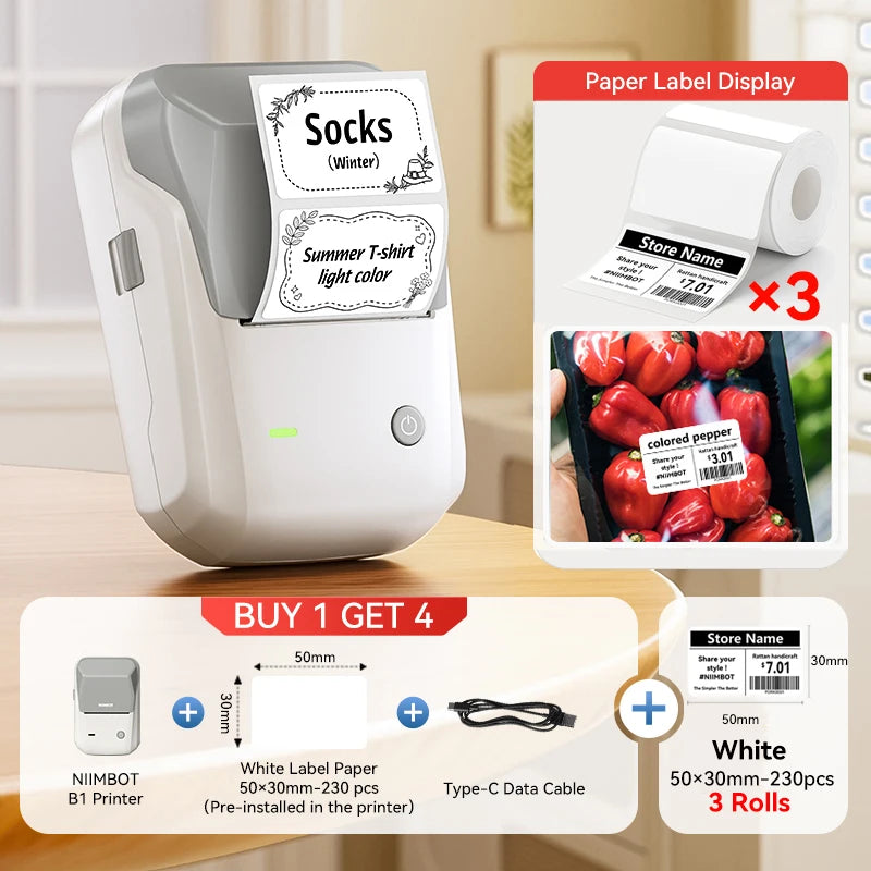 Portable Niimbot B1 Wireless Label Maker Adhesive Sticker Printer Labeling Machine DIY 20-50mm Labels for Office Home