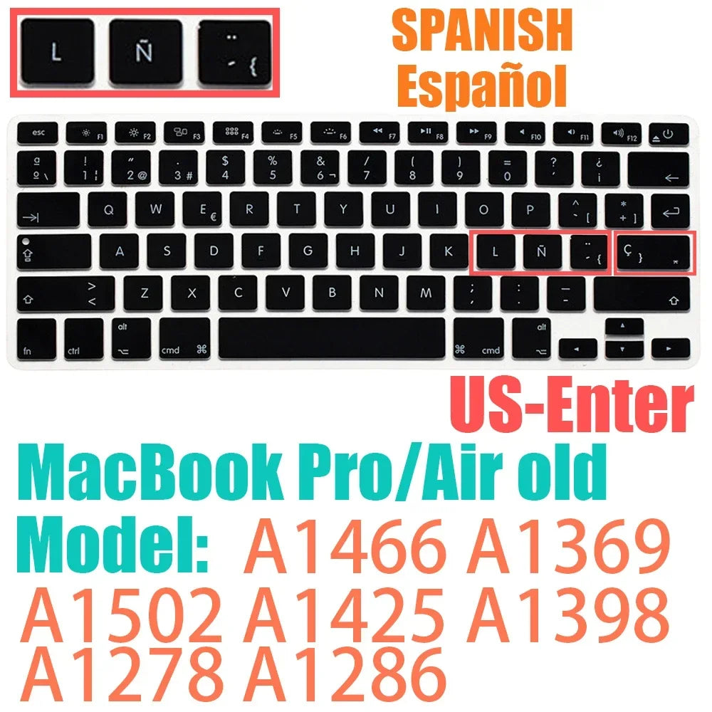 Keyboard Protective Film Silicone for 12-16' MacBook Air/Pro M1 M2 M3 Spanish Keyboard Cover Soft Protection Accessories Black