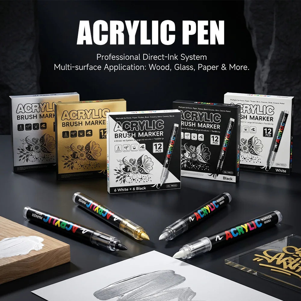 12 Pcs Black and White/Gold and Silver Acrylic Paint Markers Set, Large Ink Capacity, Skin Color Brush Markers Pen Art Supplies
