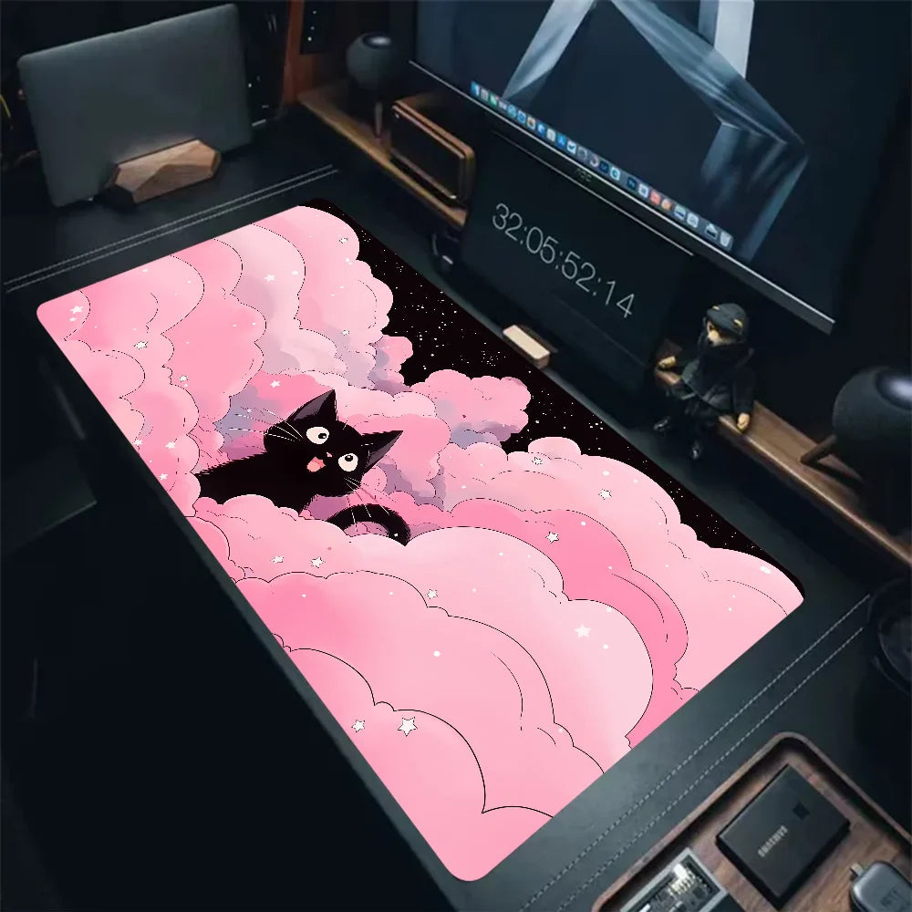Black Cat Clouds Fast Delivery Keyboard pad lock-edge Extended Mousepad kawaii Pink Purple Office desktop protection pad XXL rug