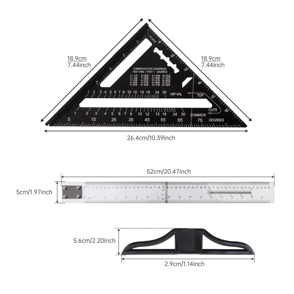 Metric & Imperial Scales Aluminum Alloy Angle Triangle Ruler 45cm T Square Acrylic Ruler Measuring Tool Set for Carpentry