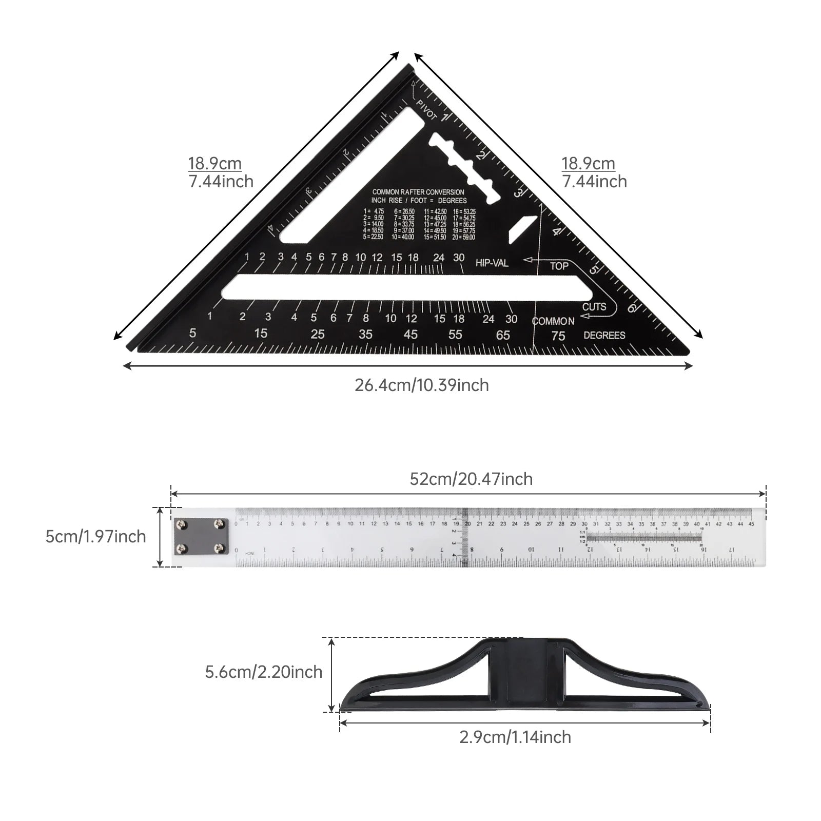 Metric & Imperial Scales Aluminum Alloy Angle Triangle Ruler 45cm T Square Acrylic Ruler Measuring Tool Set for Carpentry