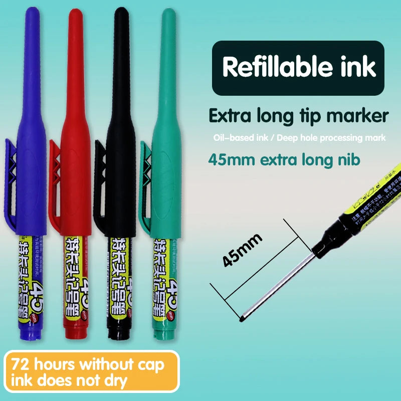 8Pcs 45mm Waterproof Long Head Nib Deep Hole Markers Pen Tile Carpenter Pen Multi-purpose for Woodworking Black/Blue/Red Ink