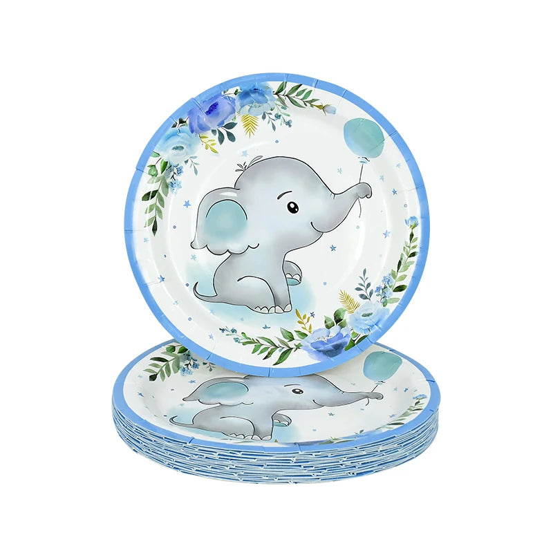 Cartoon Baby Elephant Disposable Tableware Set Paper Plate Cup Napkin Kids Boys Birthday Party Decoration Baby Shower Supplies
