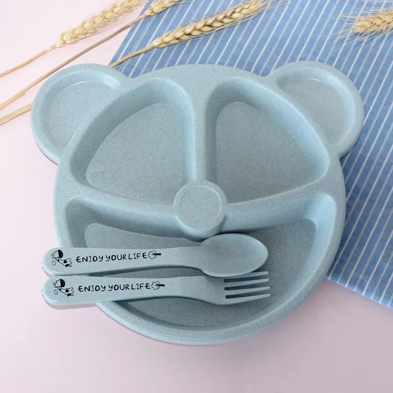 3Pcs/set Wheat Straw Baby Dishes Cartoon Tableware Set Kids Dinner Platos Baby Feeding Plate Training Bowl Spoon Fork Tableware
