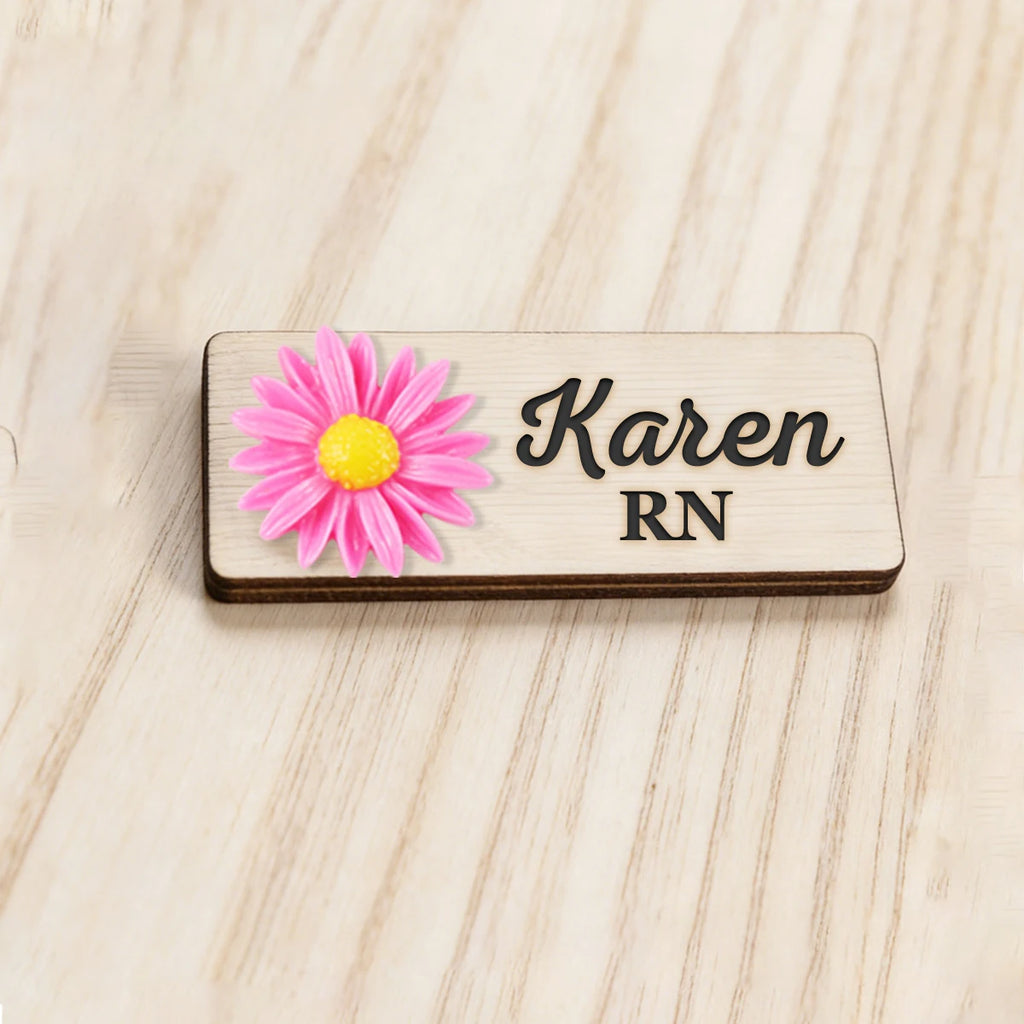 Personalized 3D Chrysanthemum Wooden Name Tag Badge with Magnetic or Pin Backing, Daisy Flower Nurse Teacher Doctor Name Tag,