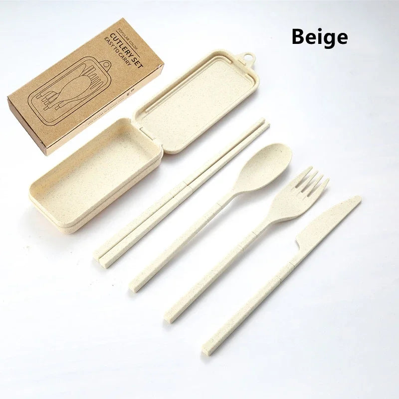 4Pcs Portable Tableware Set Wheat Straw Dinnerware Detachable Cutlery Travel Tableware Picnic Dinnerware Set Camping Cutlery Set