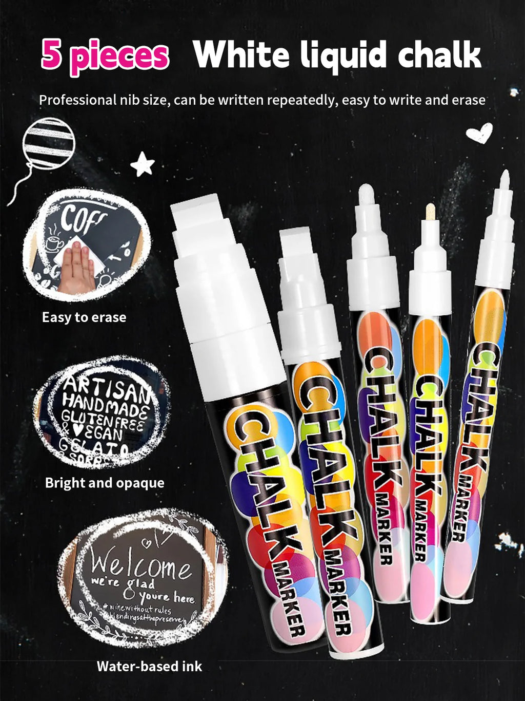 1/3 Pcs White Liquid Chalk Painting, Marking Erasable Dust-free Water-soluble Marking Pen School Classroom Office Supplies
