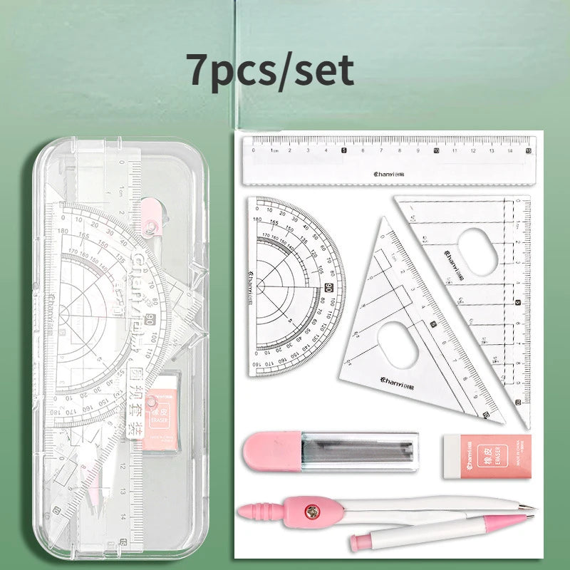4pcs/7pcs Geometric Mathematical Drawing Tool Set Multi-functional Compass Protractor Ruler Eraser