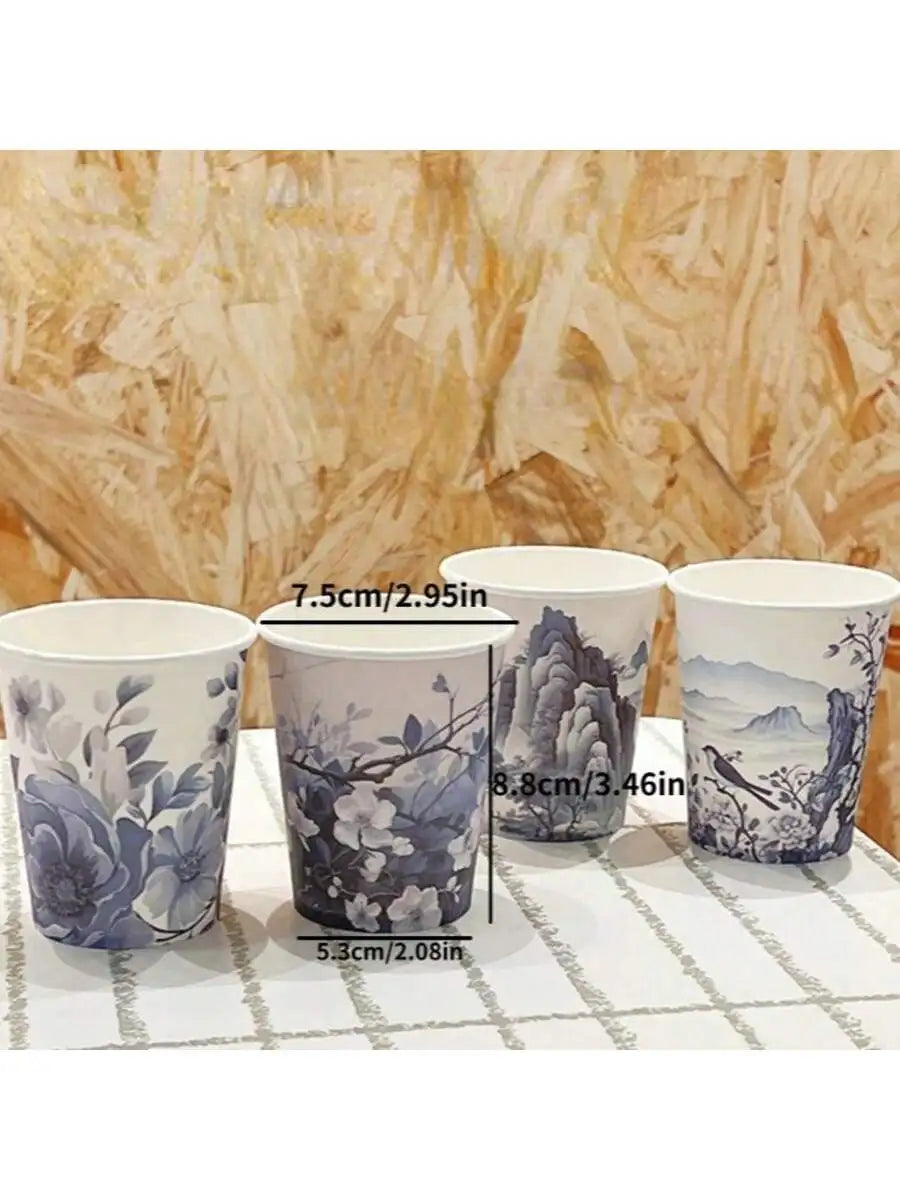 Blue and white porcelain style paper cups with different patterns, thickened office and household commercial beverage cups