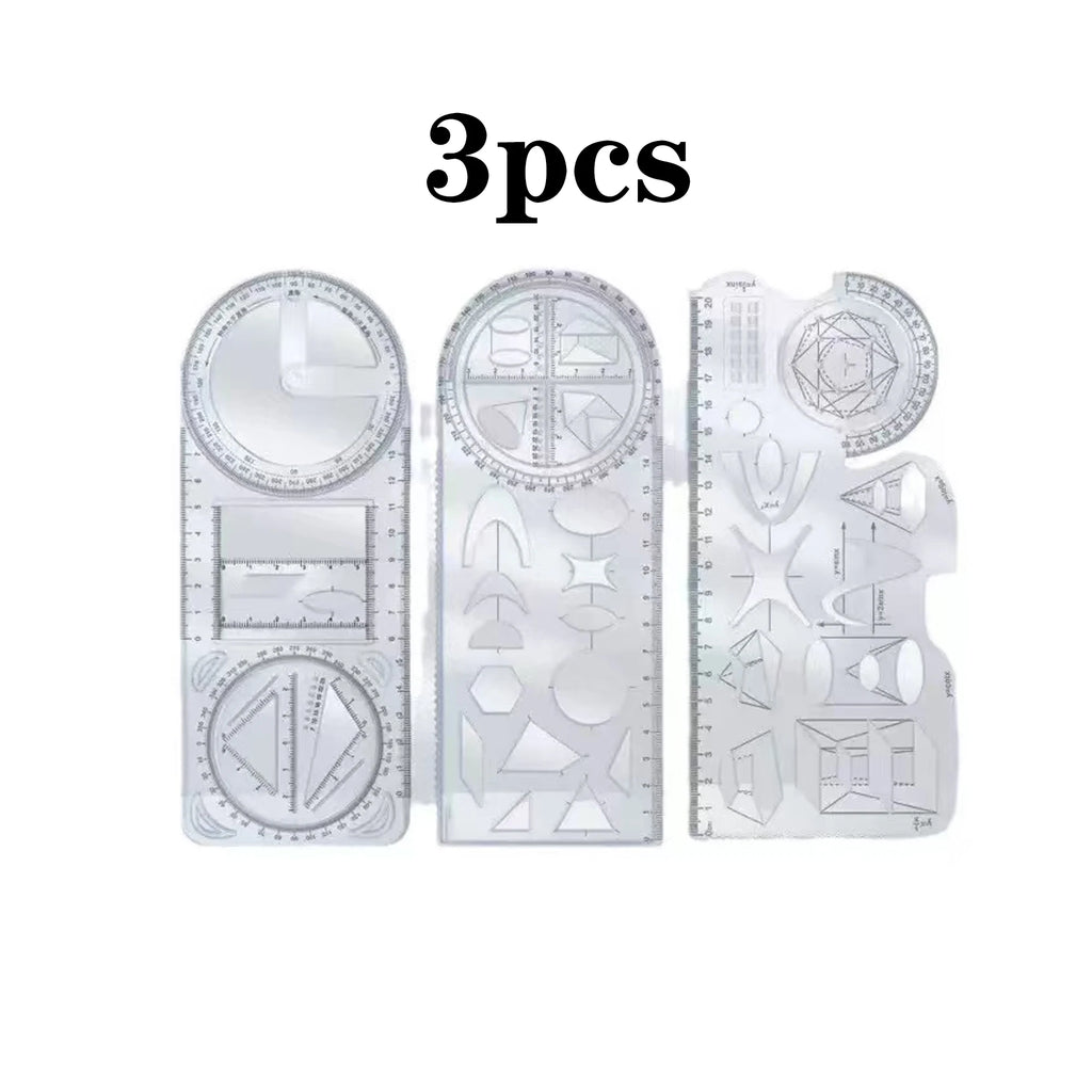 A Set of 3-Piece Multi-Functional Geometric Painting Ruler, Various Graphic Painting Rotating Ruler, Plastic Material Drawing Tool, Flat Graphic Painting Square Ruler, Student Office Special Ruler