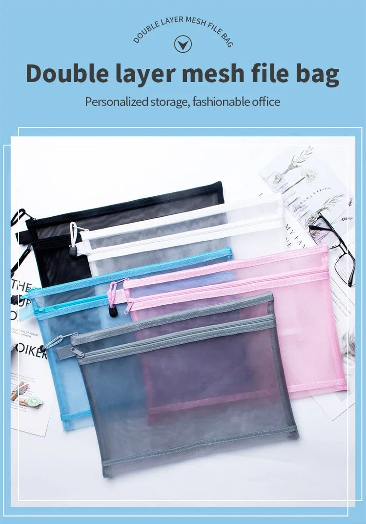 Nylon Mesh File Bag A4 A5 A6 Transparent Zipper Test Paper Information Bag Office Student Pen Bag Subject Bag Puzzle Storage Bag