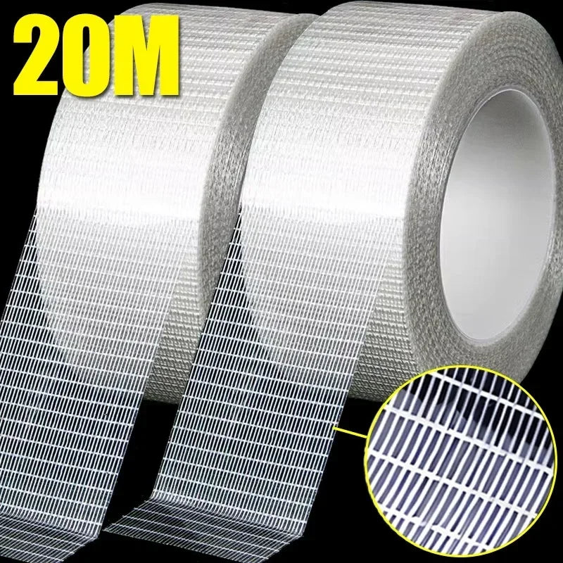 20M/Roll Adhesive Fiberglass Mesh Tape Transparent Waterproof Single Side Grid Tapes Heavy Duty Strapping Packing Fixed Tape