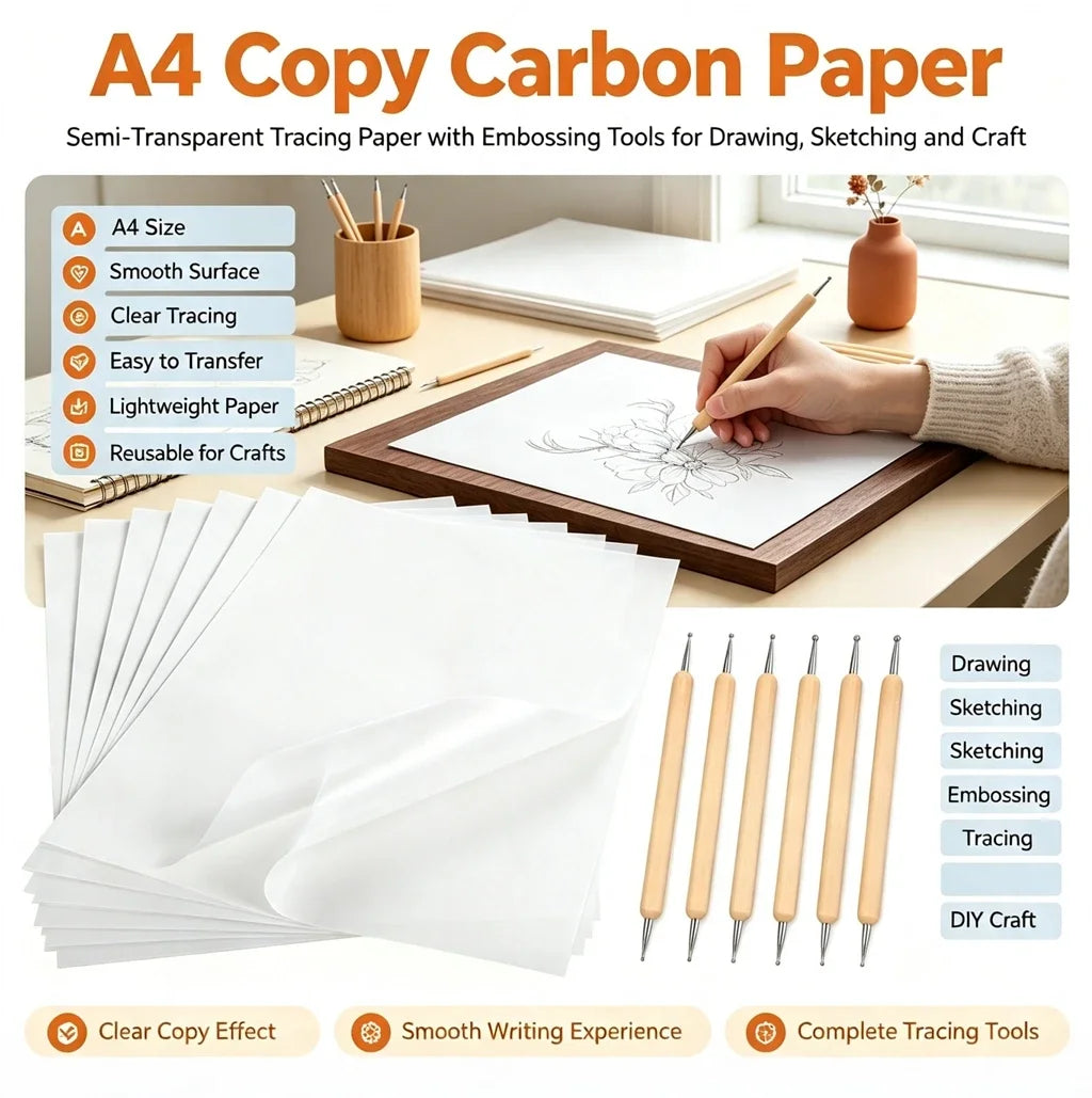 ERIKOLE White A4 Size Copy Carbon Paper Reusable Tracing Transfer Paper for Office School Home Canvas Wood Glass Metal Ceramic
