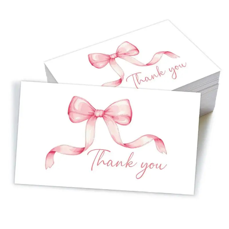 50pcs Business Thank You Cards Cherry & Pink Bow Design Celebration Invitations Gift Wrapping Cards For Party