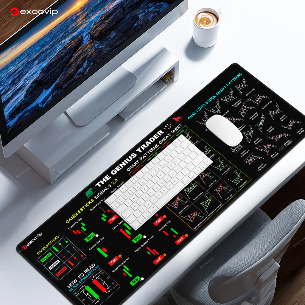 EXCO Stock Market Trader Mouse Pad Large Candlestick Pattern Chart Keyboard Mousepad Investor Desk Mat Stitched Edge Rubber Base