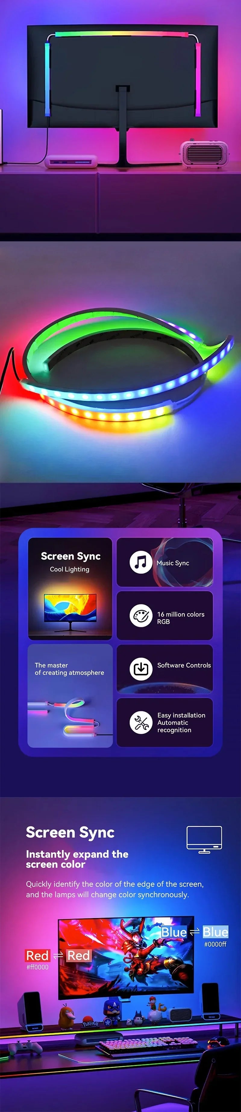 Computer Screen LED Sync Light Smart Gaming Strip Light Monitor RGB Screen Backlight Pickup  for Gaming Room Atmosphere Decor ﻿
