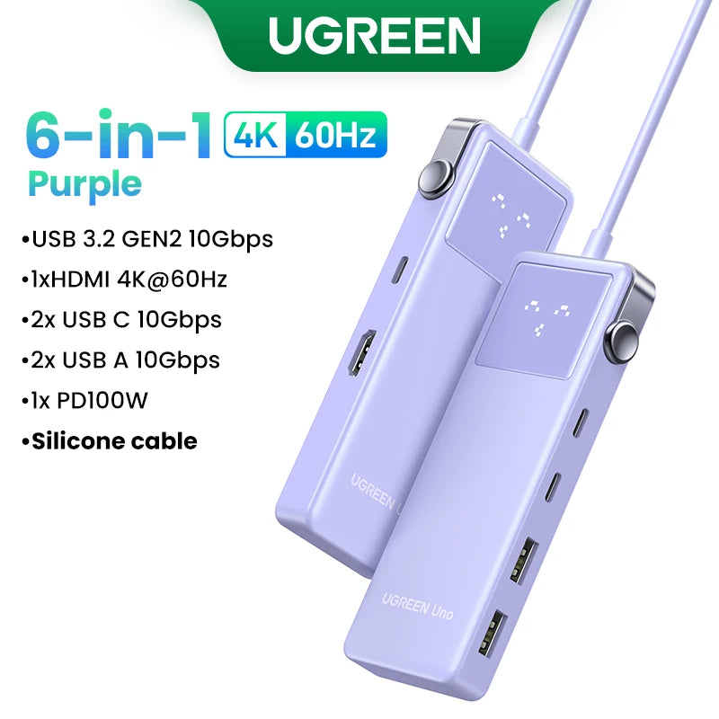 UGREEN Uno USB C HUB 6-in-1 4K60Hz PD100W 10Gbps USB3.2 Splitter Adapter for Laptop Macbook Pro Air USB Expander Docking Station