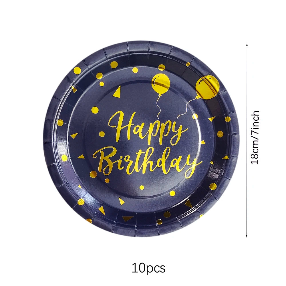 Dark Blue Gold Birthday Disposable Tableware Paper Plates Cups Napkin Tablecloth Adult Elegant Birthday Party Decoration Wedding